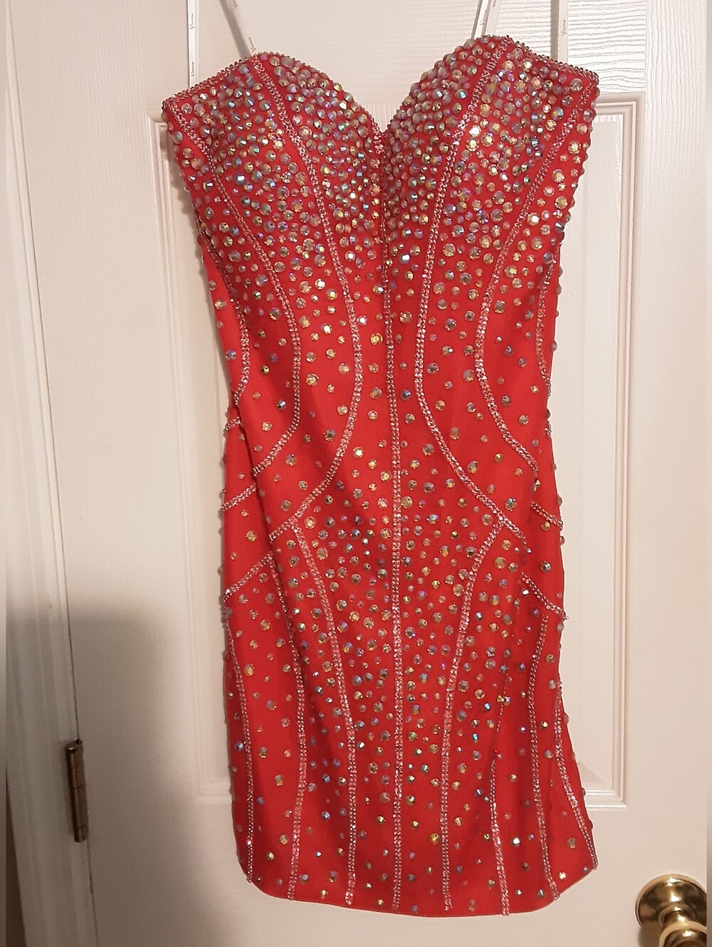 Vienna Prom Red Strapless Embellished Bodycon Dress With AB Crystals